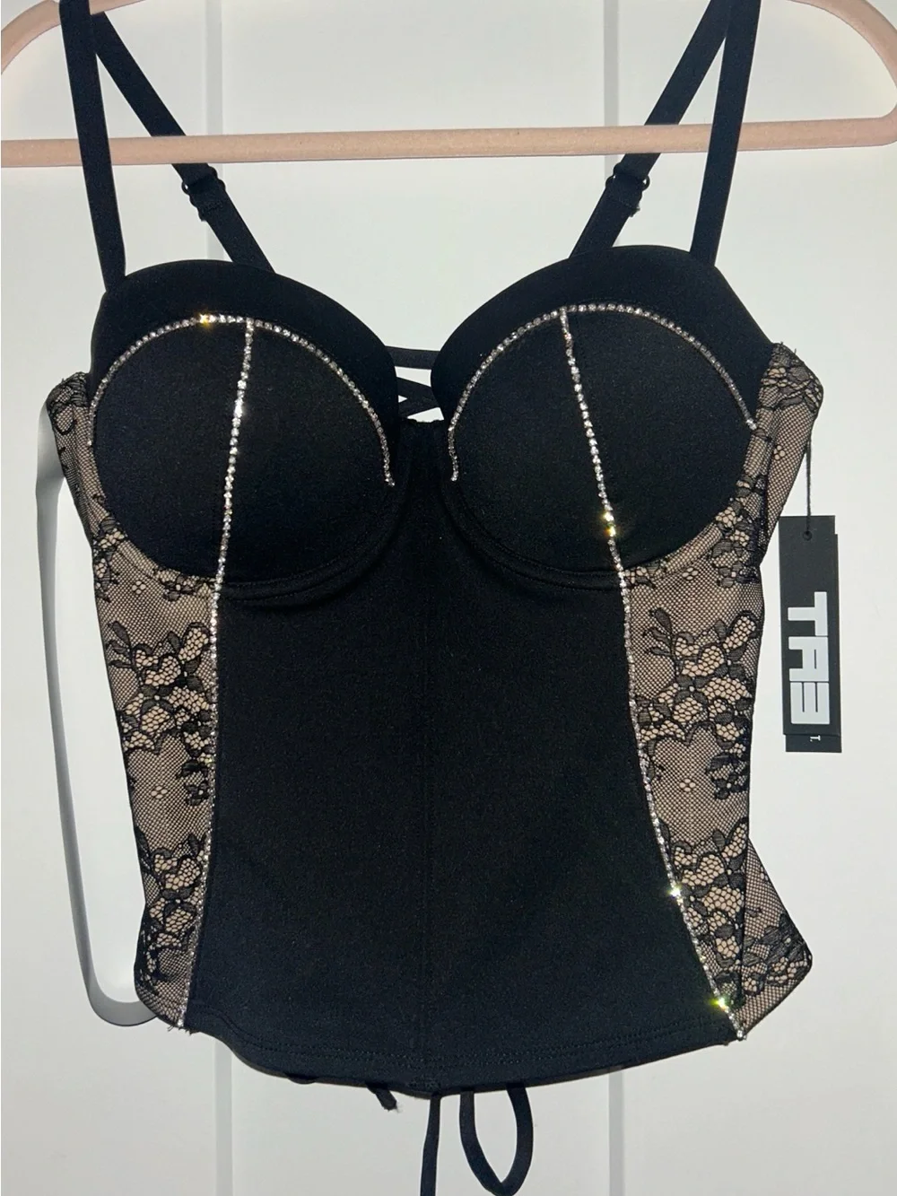 TA3 Black Lace Rhinestone Bustier Top - Picture 3 of 10